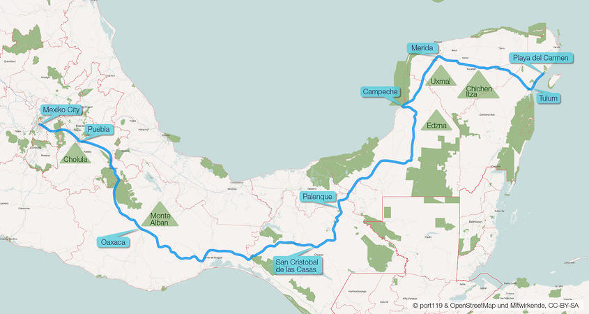 Mexiko Route Karte von OpenStreetMap ergaenzt von port119.de